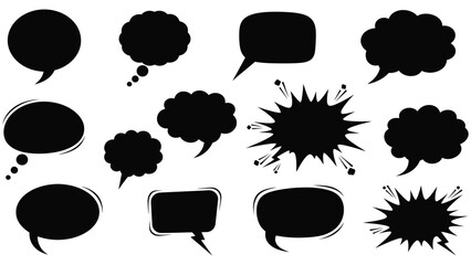 Collection of various black speech bubbles and thought bubbles on a white background