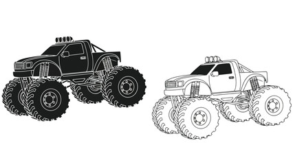 Detailed illustration of two monster trucks one filled and one outlined © Tm Studio