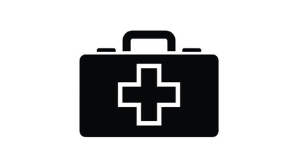A simple black and white illustration of a first aid kit with a cross symbol