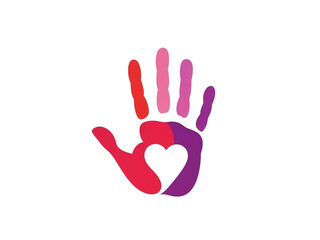 Obraz premium Vibrant hand with heart symbol in red, pink, and purple hues