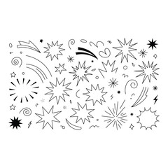 Hand-drawn doodle set of starbursts, sparkles, swirls, and comic effect lines, perfect for graphic design elements.