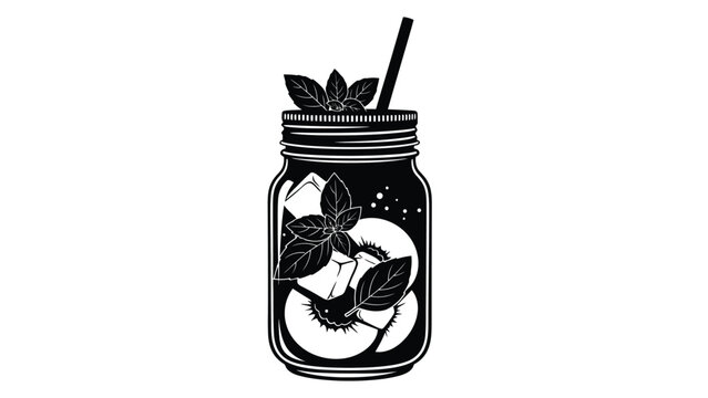 A black and white illustration of a drink in a mason jar