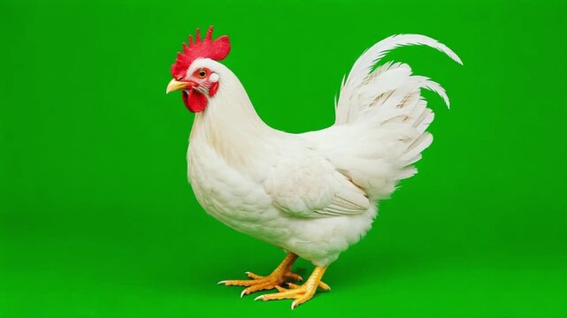 A white rooster with a red comb standing on a green background in a studio setting looking left chicken green screen video