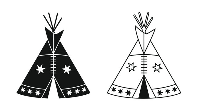 Two black and white illustrations of native american teepees with star decorations