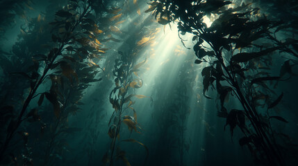Mystical underwater kelp forest with tall swaying seaweed, soft light rays, and dreamy ocean atmosphere, perfect for nature, marine, and fantasy themes.