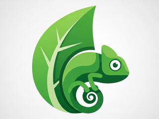 Fototapeta premium Vibrant green chameleon curling around a leafy branch