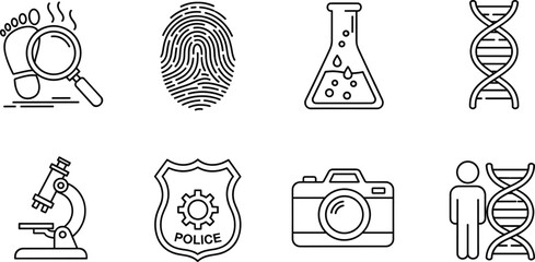Forensic Science Icons Line Art Set &ndash; Investigation, Biology, Police Evidence Symbols Isolated on Transparent Background Vector