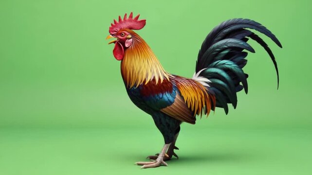 A colorful rooster standing on a green background with its beak open crowing loudly today chicken green screen video