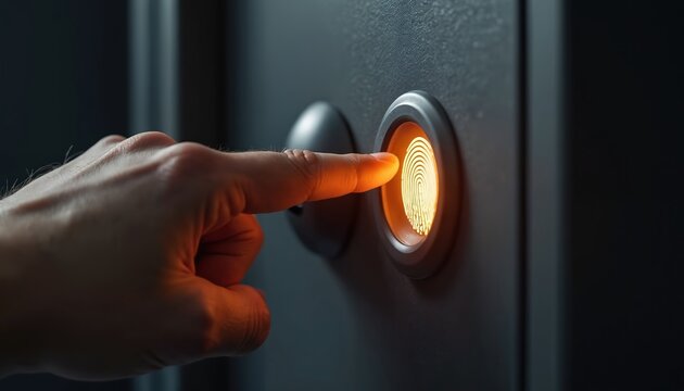Person uses finger to unlock safe with biometric scanner. Modern tech provides secure access to valuables, home protection and personal privacy. - Powered by Adobe