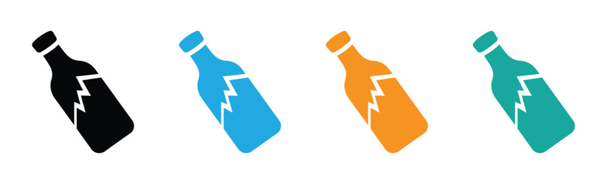 Broken glass bottle icon. Colorful broken bottles with cracks in four colors. Broken symbol isolated on white background. 