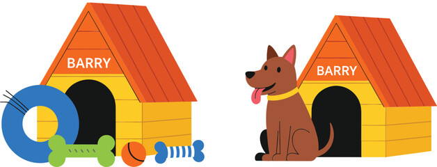Cute Dog House Illustration with Pet Toys and Sitting Puppy Character in Flat Cartoon Vector Design