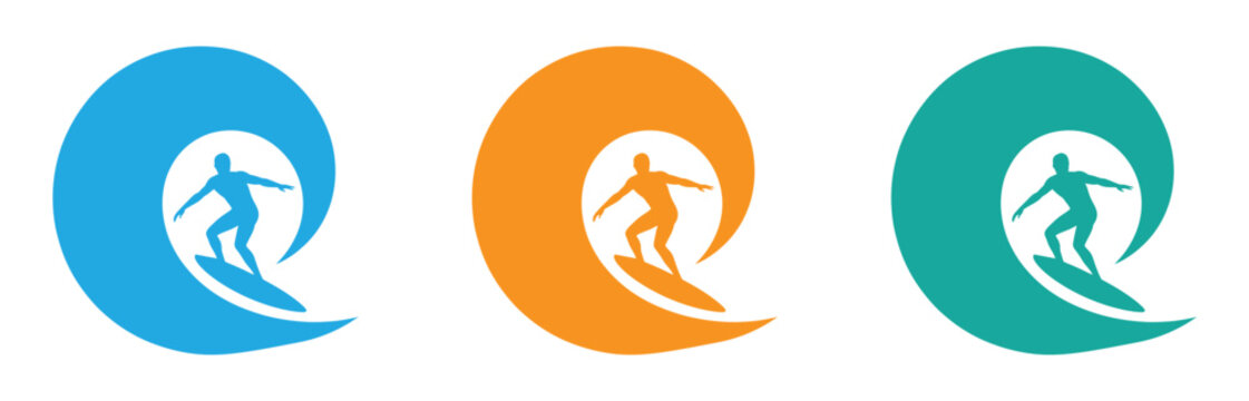 Surf surfer icon. surfing sea wave water with surfboard logo. Vibrant surfing logos in blue, orange, and green colors. Surfing symbol. Surfer and wave emblem vector illustration.