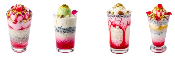Four glasses filled with falooda dessert topped with ice cream and nuts on a light surface on transparent background