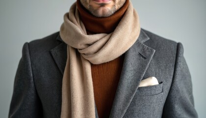 Man wears grey tweed jacket and rust turtleneck. Beige scarf layered over neck. Pocket square peeking from jacket pocket. Autumnal business attire.