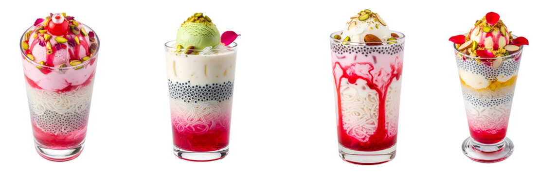 Four glasses filled with falooda dessert topped with ice cream and nuts on a light surface on transparent background