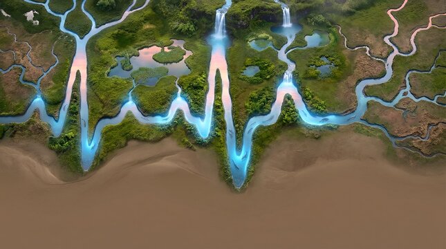 Surreal concept showing river system forming ECG heartbeat pattern across landscape, representing watershed health, planetary vital signs, water circulation, and ecosystem pulse monitoring