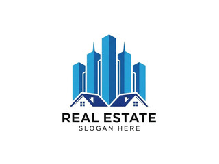Modern real estate logo with cityscape and houses