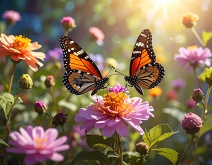 Obraz premium Two butterflies on a pink flower in a sunlit garden, vibrant colors