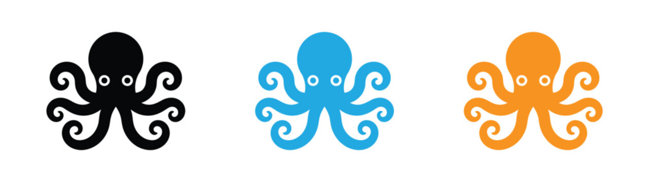 Sea Octopus icon art design . Vector silhouette image of a sea water octopus illustration design. Colorful octopus illustrations in black, blue, and orange hues.