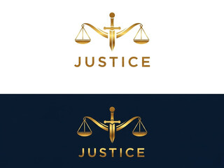 Elegant gold justice logo with scales and sword on white and dark blue
