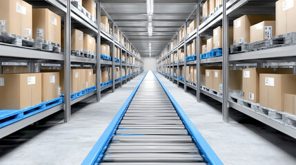 Fototapeta premium A modern warehouse interior featuring stacked cardboard boxes and a conveyor system, designed for efficient storage and logistics.