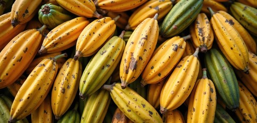 Pile of fresh ripe yellow and green cacao pods ready for harvest. Cocoa fruit is the main ingredient for chocolate making. Natural raw produce on farm.