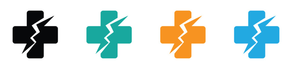 Broken cross symbols in four colors on white background. Cracked   shield with a white medical cross. Flat vector icon symbolizing health system failure, weak immunity, or medical vulnerability.  
