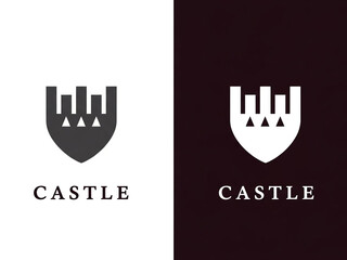 Geometric Castle Shield Logo Design with Arrows and Battlements in Dual Color Schemes