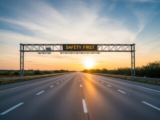Empty Highway at Sunset with &ldquo;Safety First&rdquo; Digital Sign
