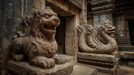 Ancient temple stone guardian lion statue with intricate carvings, weathered texture, and dramatic details symbolizing protection, history, and cultural heritage.