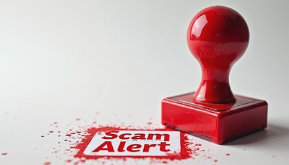 Red stamp with SCAM ALERT text on white surface. Red ink splatters around stamp and text. Symbol for fraud warning and danger alert. Cautionary office supply.
