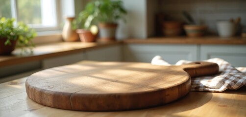 Rustic wooden cutting board rests on checkered cloth table surface. Kitchen interior with plants and window light creates cozy atmosphere. Ideal for food prep or product placement.