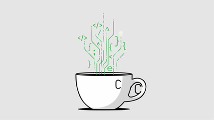 Cup of coffee with steam made of programming code and symbols, symbolizing coding as a daily beverage