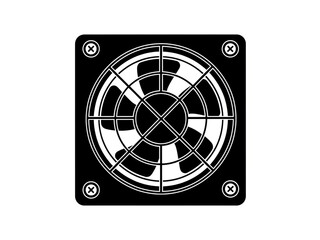 Black and White Cooling Fan Icon with Protective Grille and Mounting Frame