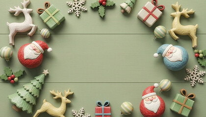 Pastel wooden Christmas decorations flat lay on green background with copy space
