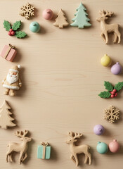 Minimal Christmas flat lay with wooden decorations and pastel ornaments on light wood background
