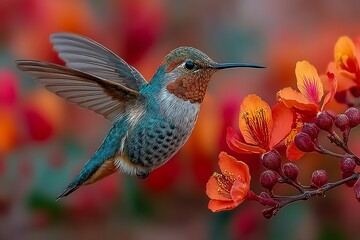Fototapeta premium Beautiful bird flying next to blossoms high resolution photo