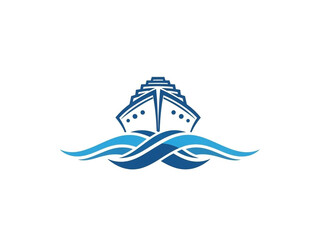 Stylized Ship Icon Sailing on Curved Blue Waves