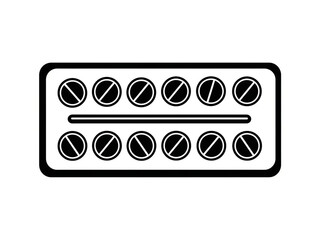 Black and White Blister Pack Icon with 14 Diagonal-Marked Tablets