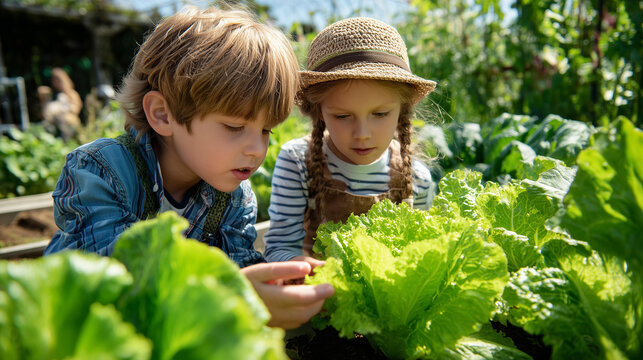 Happy children gardening outdoors on a sunny day, picking fresh lettuce in a green backyard garden. Healthy lifestyle, family activity, and nature education concept.