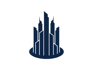 Circular Skyline Icon with Angular Dark Blue Skyscrapers