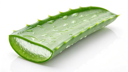 Fresh aloe vera leaf slice with water droplets on a clean white background green