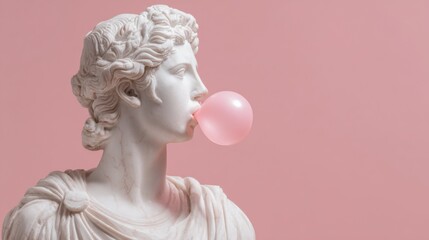 A classic sculpture of a male figure is depicted blowing a vibrant pink bubble gum, contrasting with a soft pink background. The piece highlights a blend of tradition and contemporary humor.