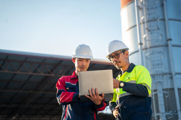Engineer pointing toward industrial facility while colleague holds laptop, illustrating leadership, communication, and task coordination.