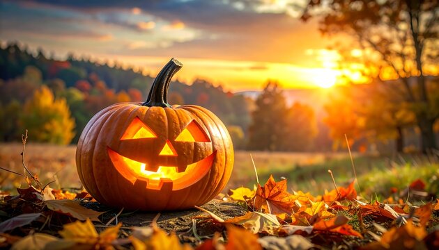 A carved pumpkin with a lit face sits in autumn leaves, a vibrant sunset over a field & trees in the background