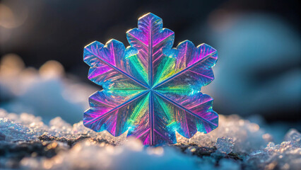Iridescent Snowflake with Vibrant Colors on a Snowy Background ice crystal rainbow colors