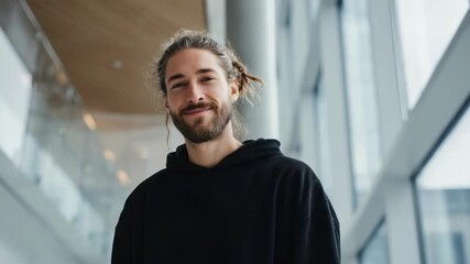 A fashionable male with a casual look poses indoors, surrounded by large windows and contemporary architecture. His serene expression and urban style create a modern vibe
