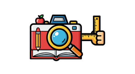 Obraz premium Camera With Magnifying Glass Ruler Pencil And Apple On Book Representing Educational Tools
