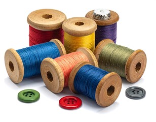 Assortment of colorful sewing spools and buttons on a white background