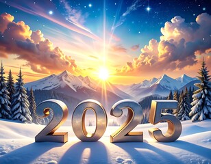 Scenic New Year's depiction with snowy mountains and a bright sunrise